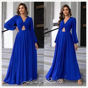Sophisticated Blue Long Sleeve Twist Front Cutout Dress